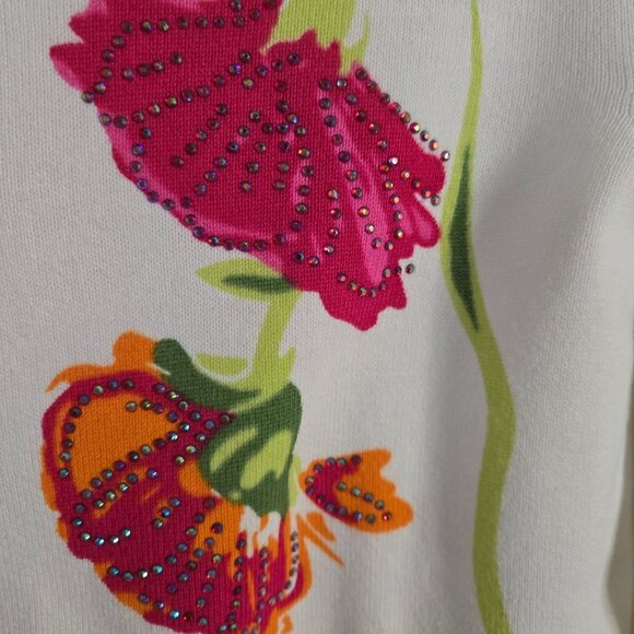 Quacker Factory White Pink Floral Sequined Plussize Cardigan Sweater Size 1X - Picture 6 of 9